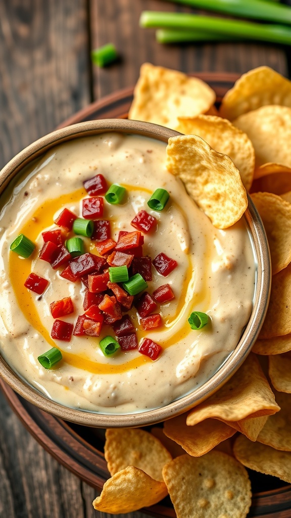 Creamy bacon and onion dip in a bowl with tortilla chips on a rustic table.